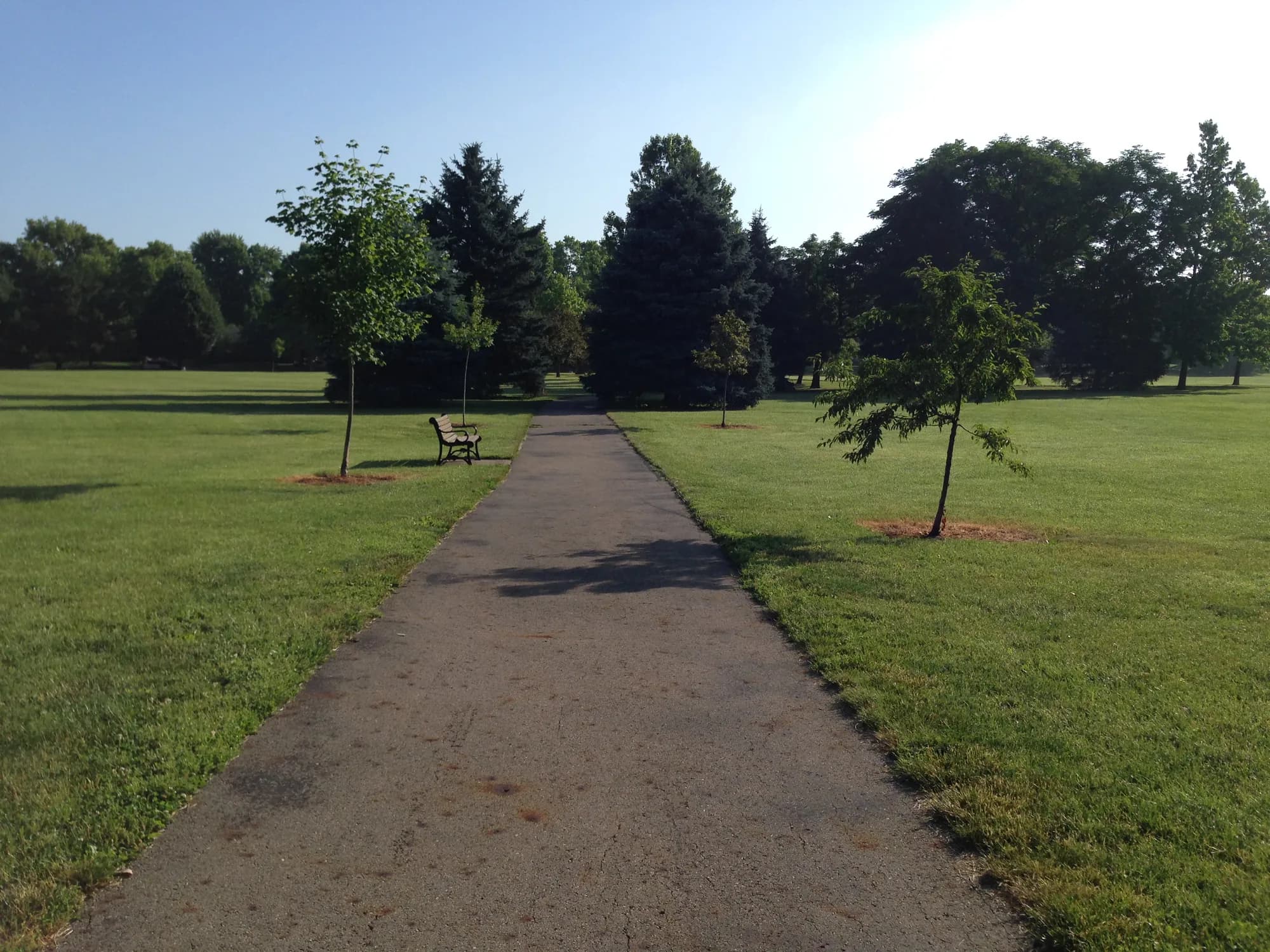 A paved path through an open, tree-lined park in Upper Arlington on a summer day